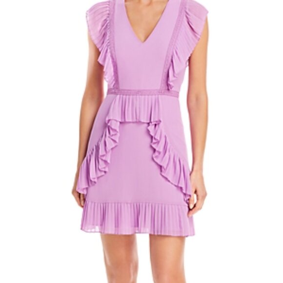 BCBGMAXAZARIA Sleeveless Pleated Lined V-Neck Ruffled Sheath Dress 8 - Picture 2 of 11